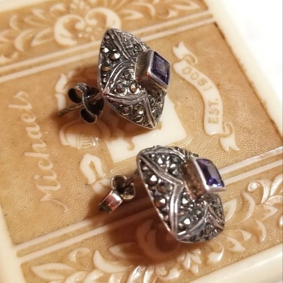 VTG Amethyst Marcasite Sterling Silver Domed Square Earrings - Picture 5 of 7